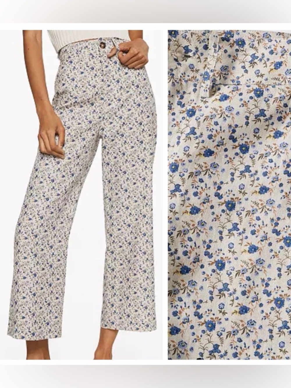 Mango Blue and Cream Floral High-Waist Cropped Linen Pants, Cottagecore Summer